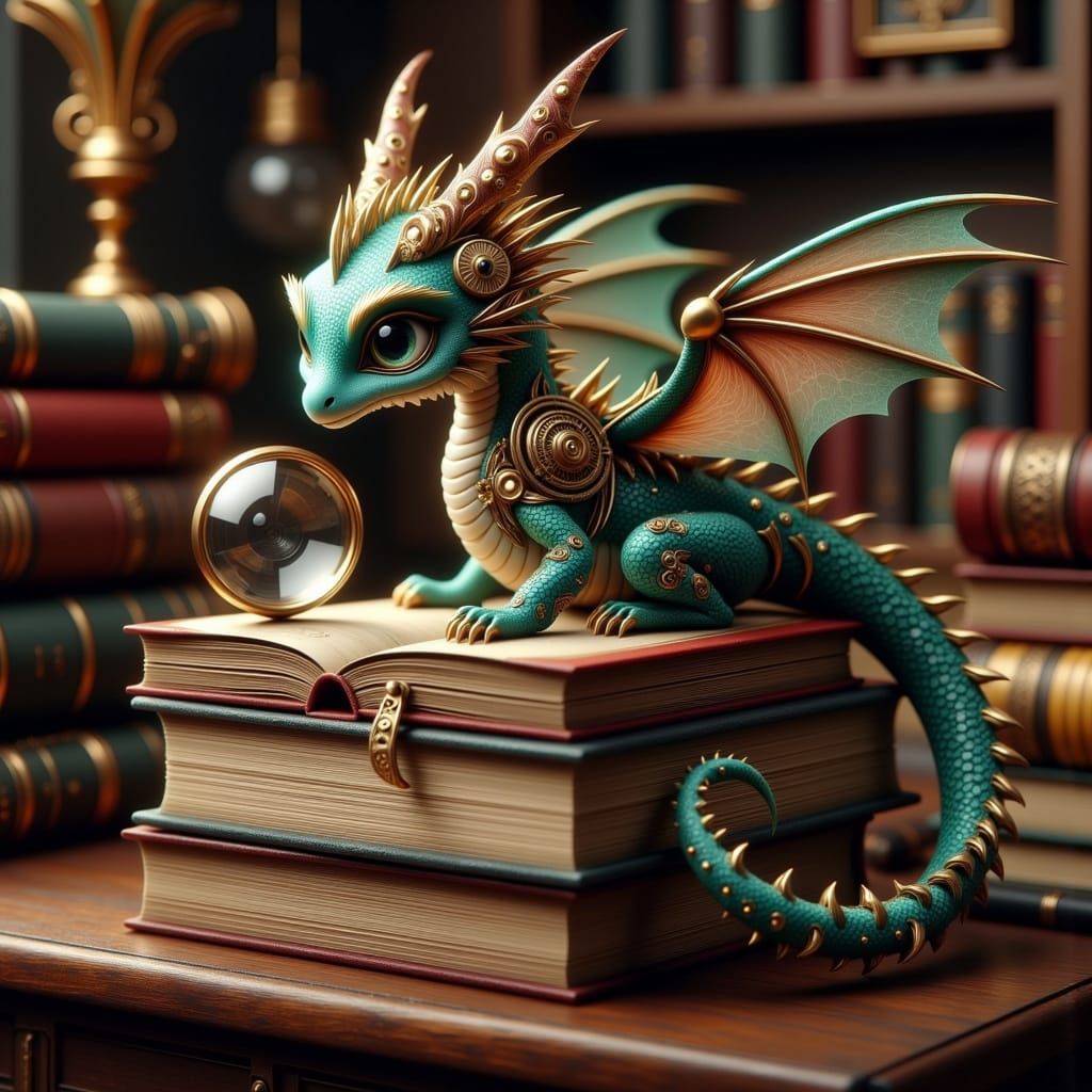 Steampunk Dragon Hatchling in Gothic Library