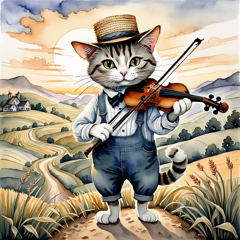 Anthropomorphic Cat Plays Fiddle in Watercolor Style