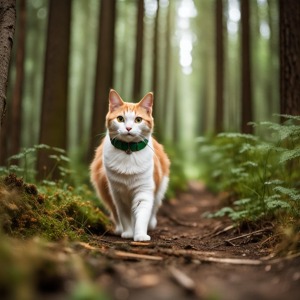 Fluffy Orange Cat Walks in Sunlit Forest