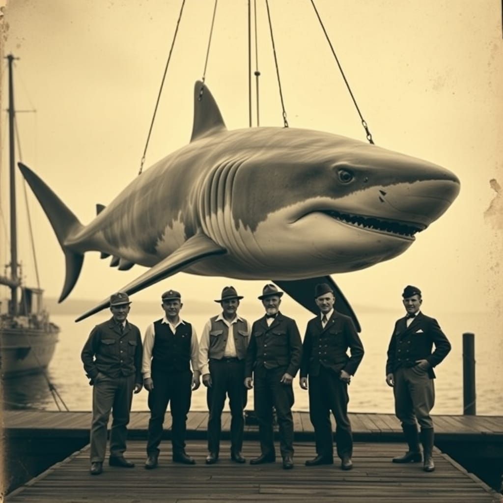 Men in Vintage Attire Pose Beside a Majestic Megalodon Shark...