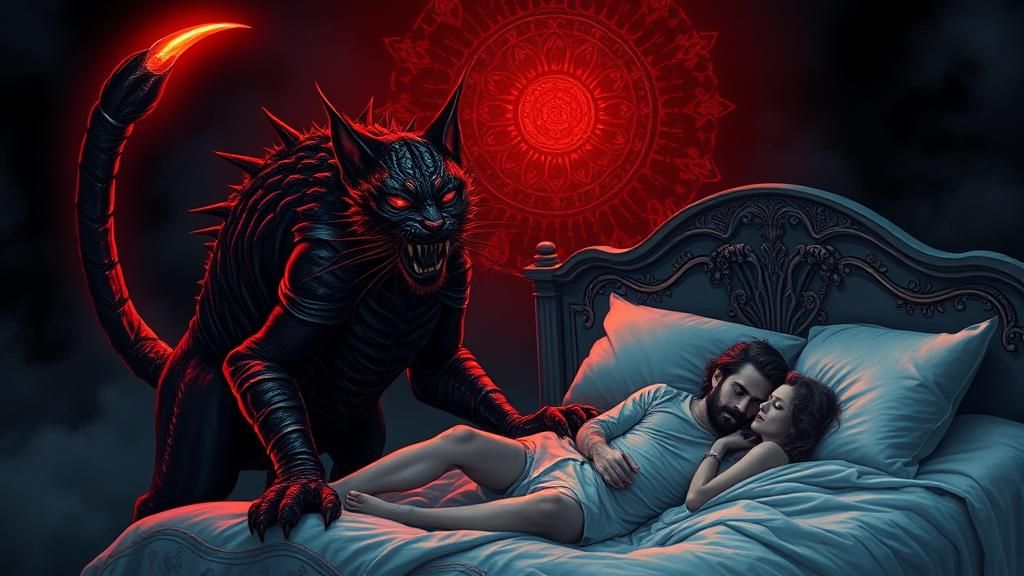 Monstrous Cat Hybrid Guards Sleeping Couple in Surreal Dream...