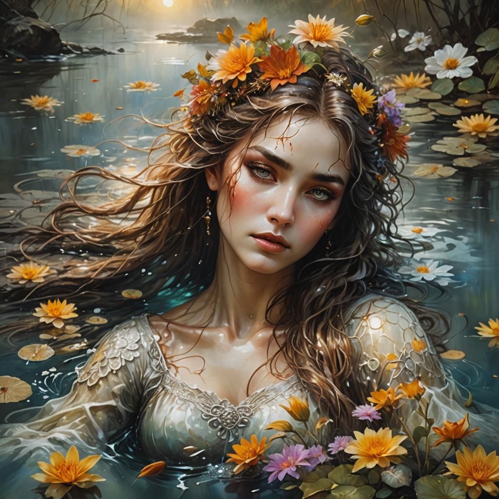 Ophelia in River, Fantasy Realism Oil Painting