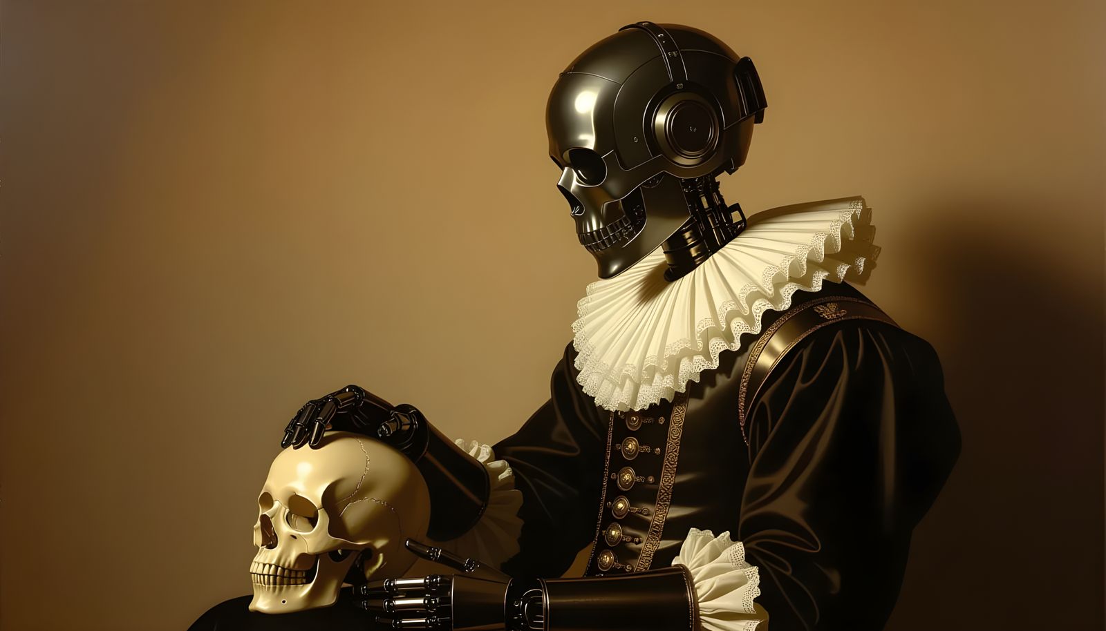 Robot Hamlet Contemplates Skull as Flemish Painting