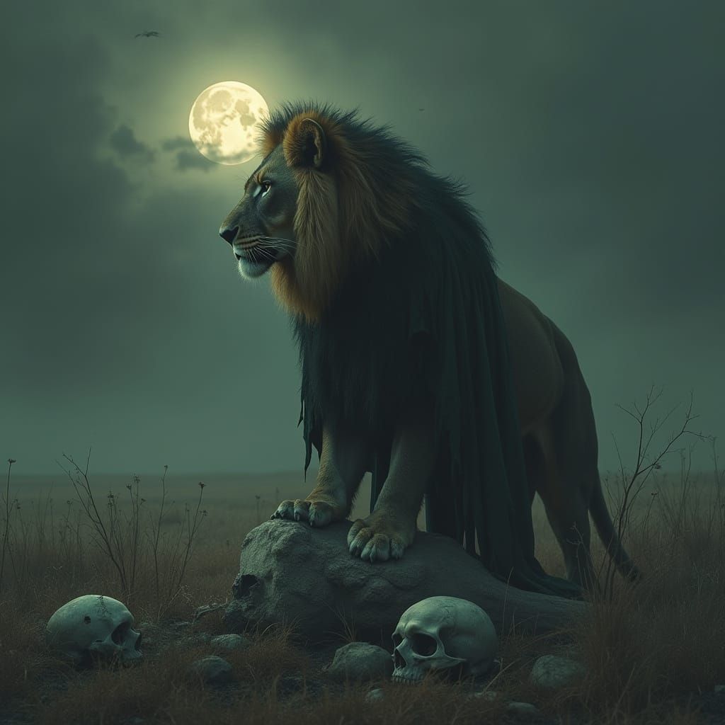 Lion Stepping on Skulls in Gothic Savannah