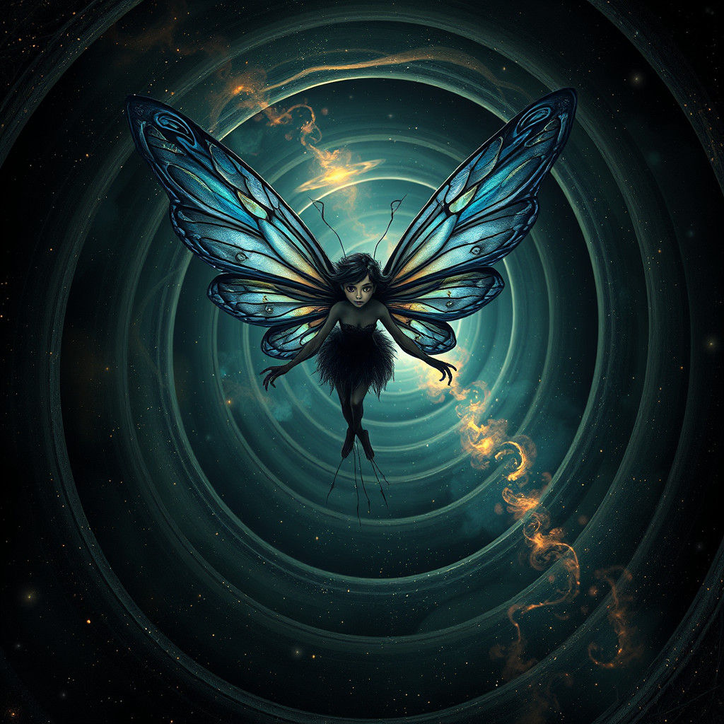 Dark Fairy Descending Cosmic Tunnel in Biomechanical Style