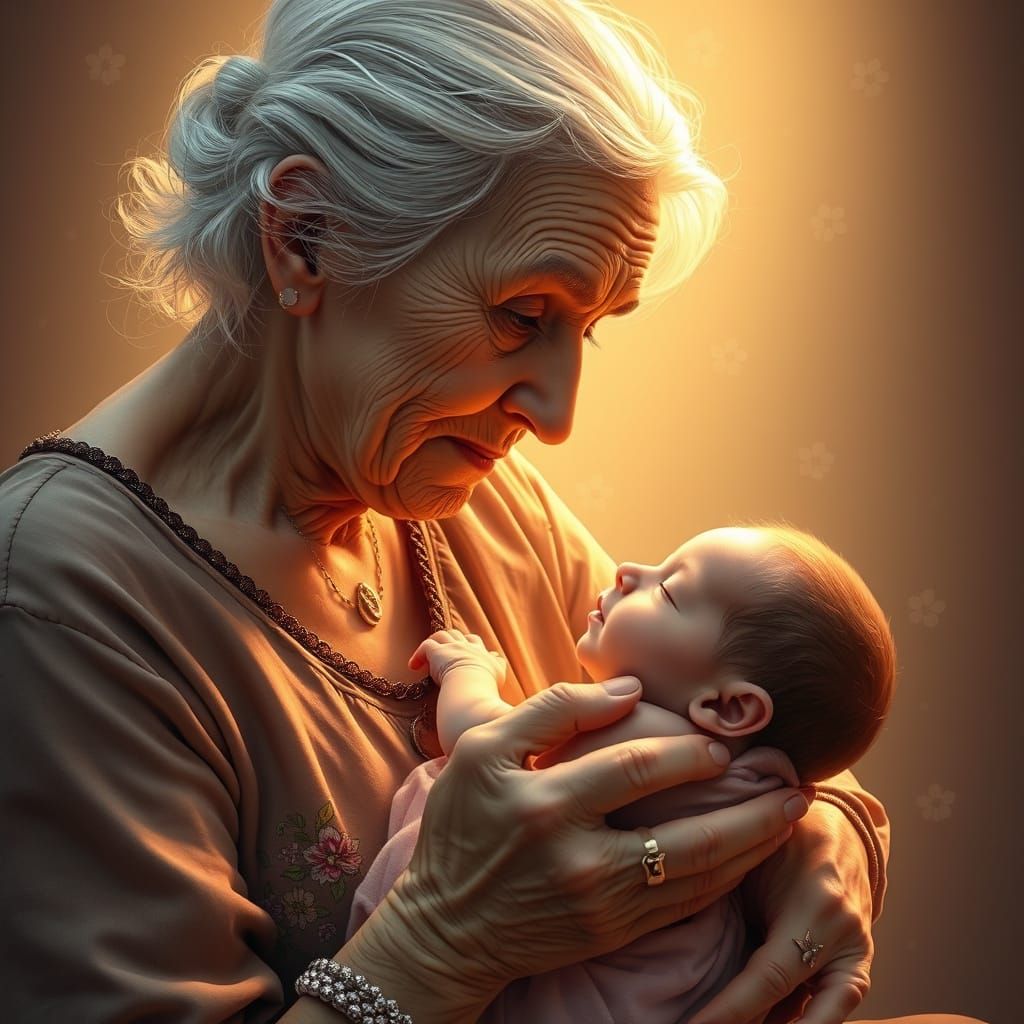 Touching Moment: Elderly Woman and Newborn in Art Nouveau St...