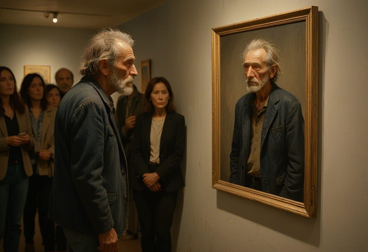 Surreal Portrait: Homeless Man at Art Gallery