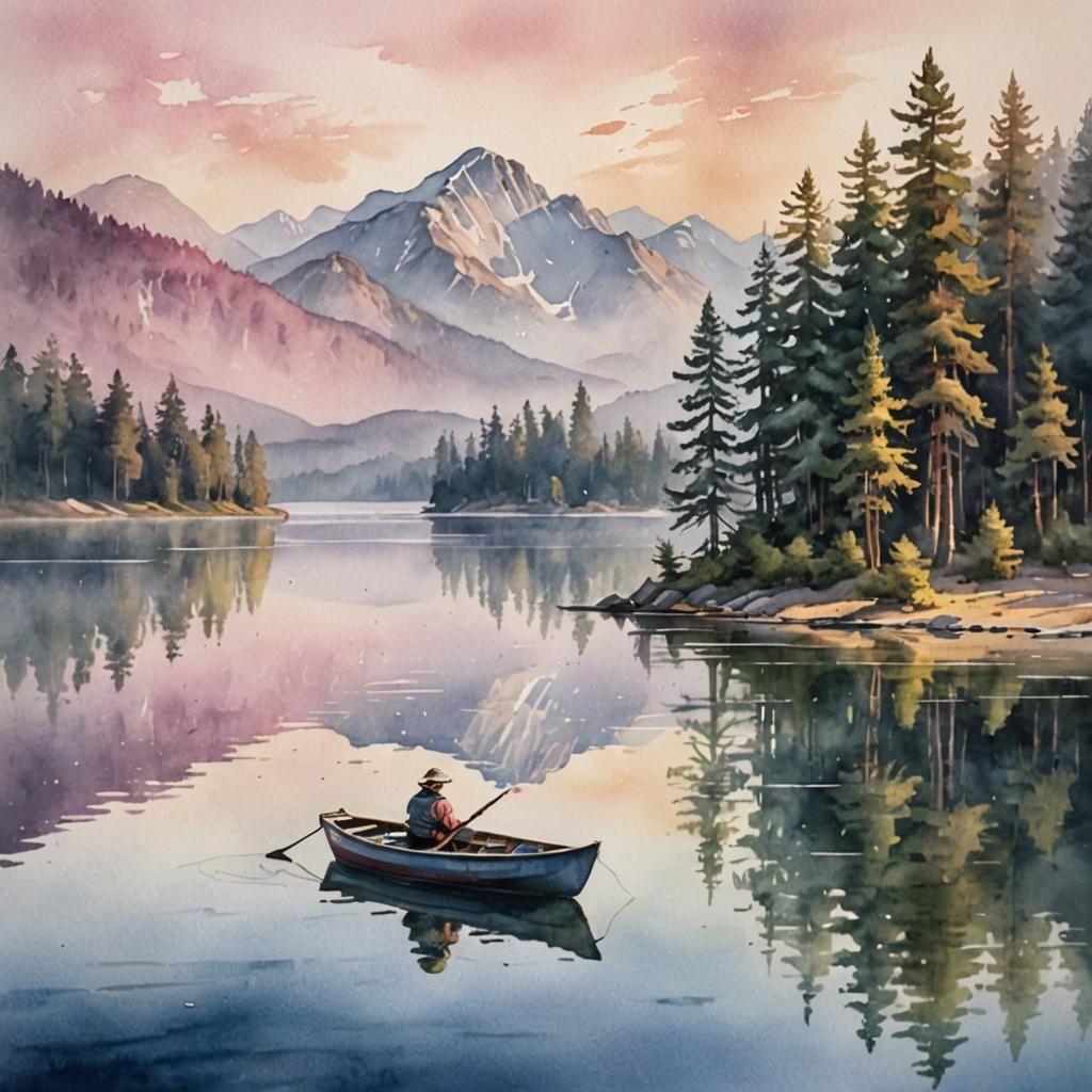 Dreamy Lake Scene at Sunrise in Watercolor Style