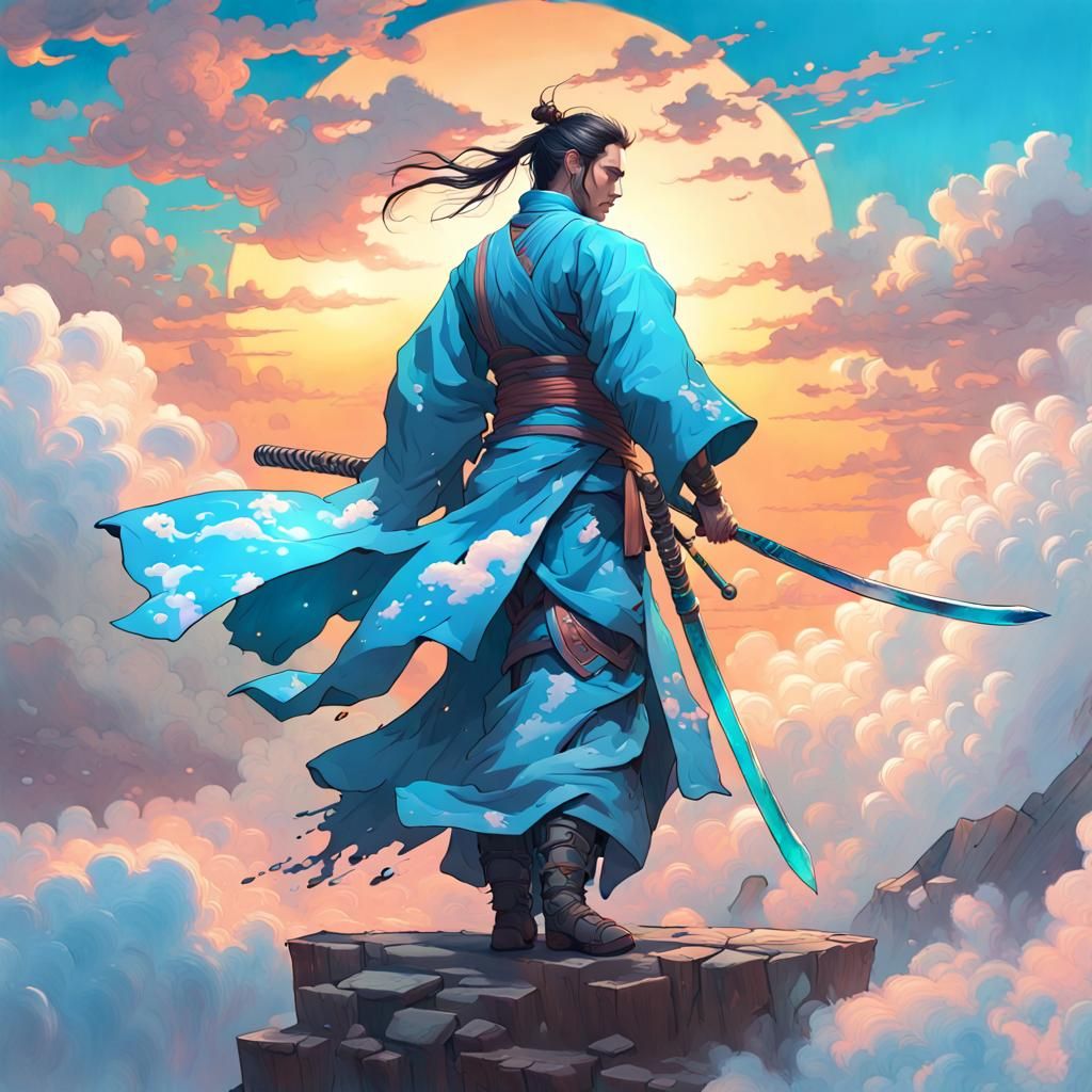 Azure Samurai Sunset Walk: Graffiti Art Portrait