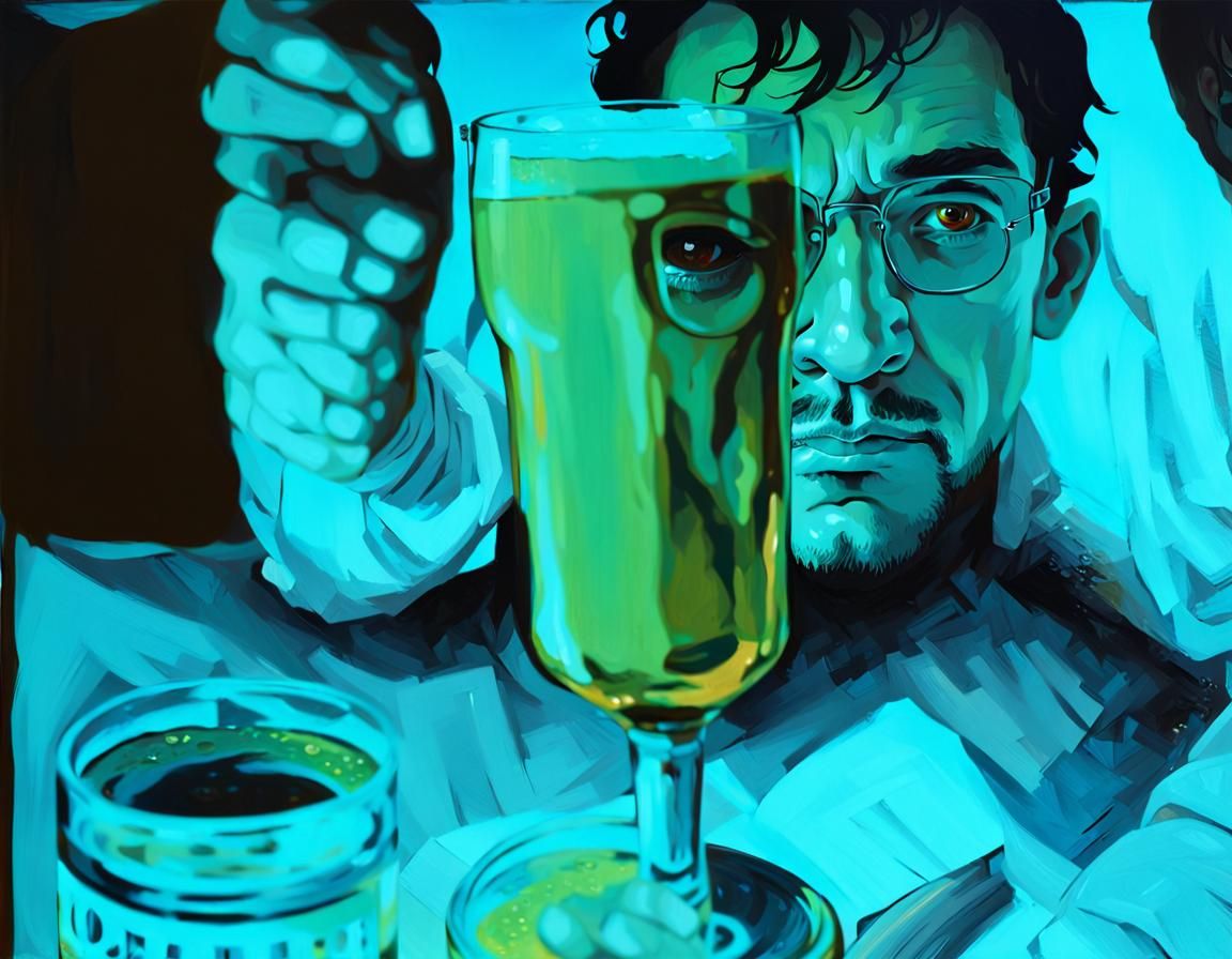 Man's Eye Distorted Through Beer Glass in Golden Light