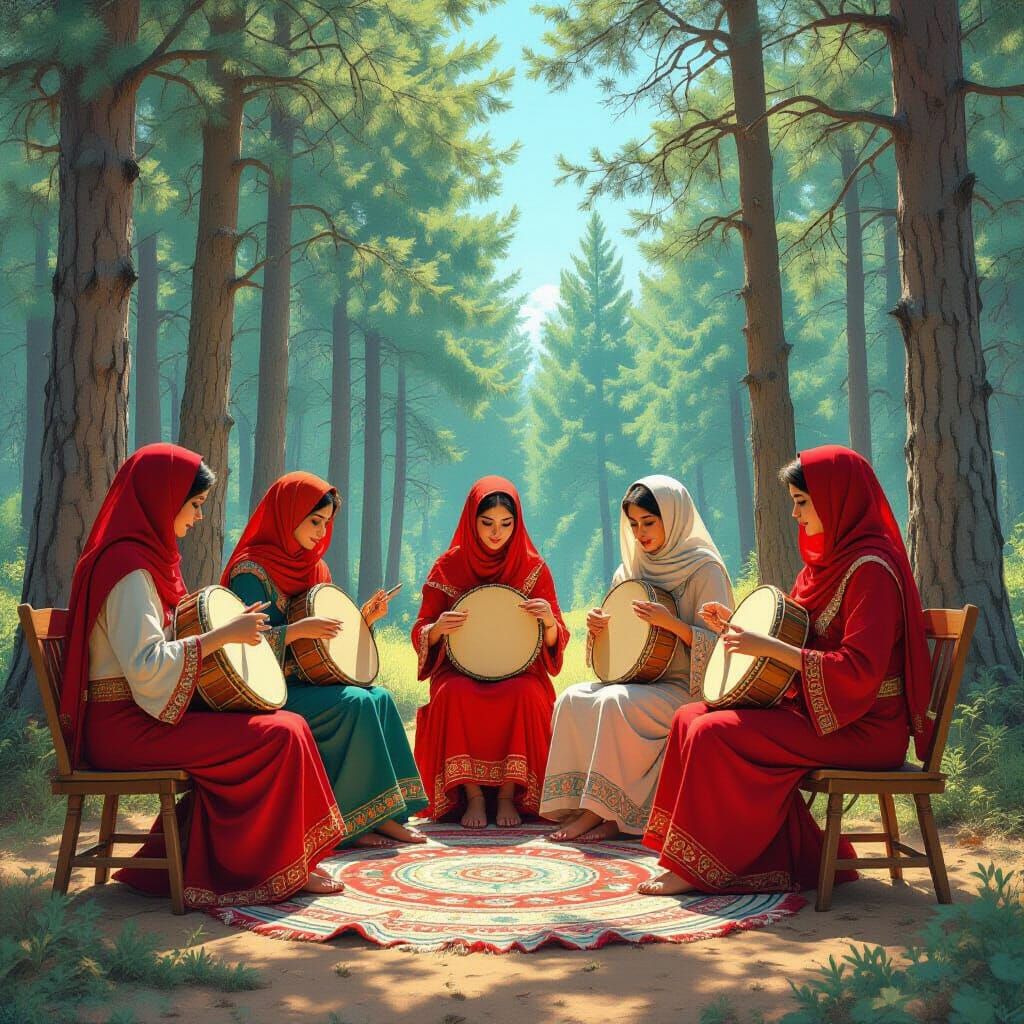 Arab Women Drumming in Forest, Art Nouveau Style
