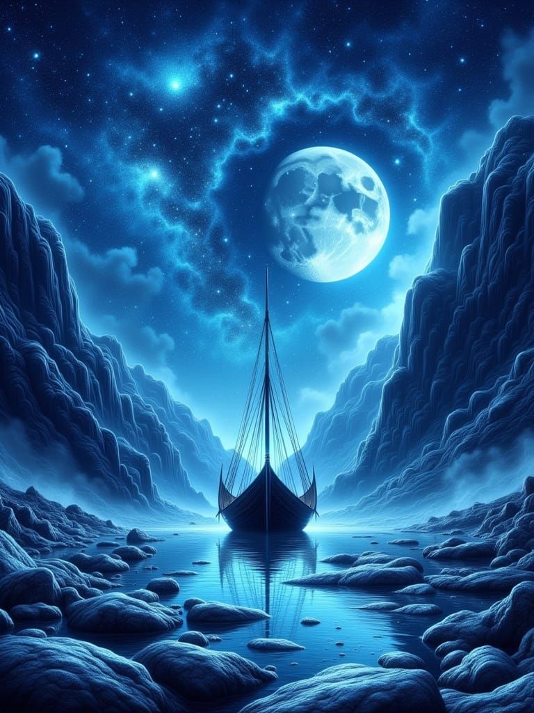 Ethereal Viking Ship in Celestial Fjord