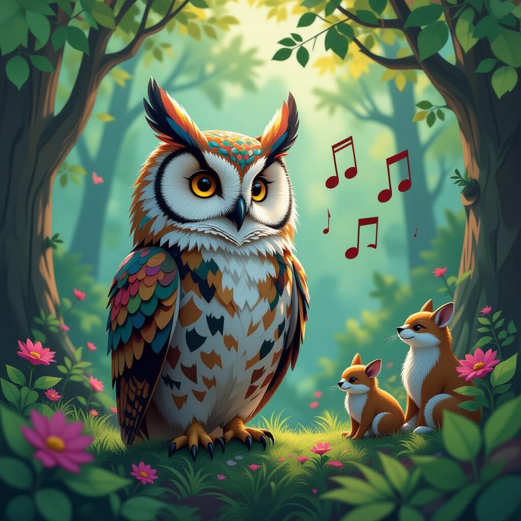 Harmonious Owl Song in Cubist Art Deco Forest