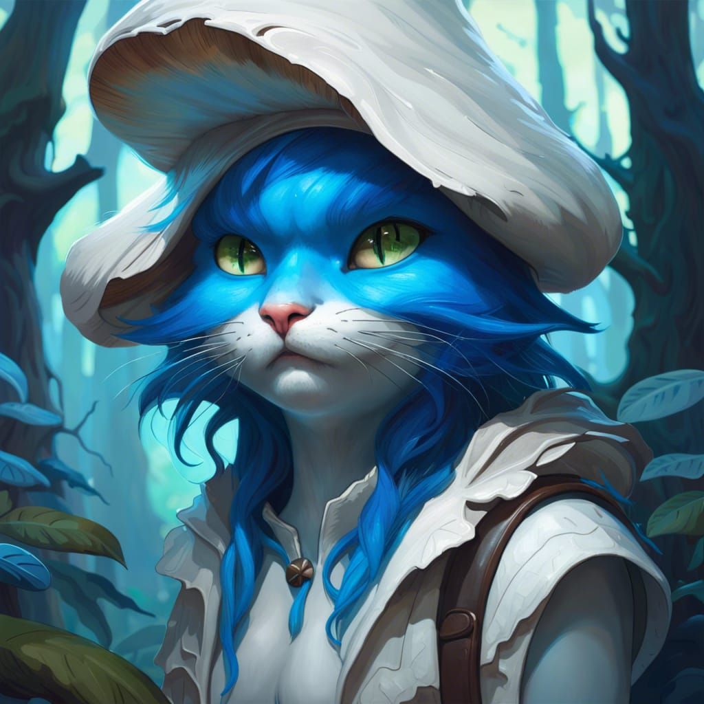 Smurf with Cat Face in Forest, Detailed Portrait