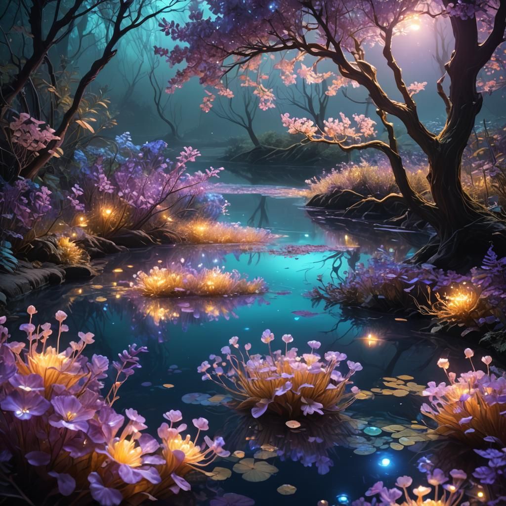 Bioluminescent Underwater River: a Macro Photograph