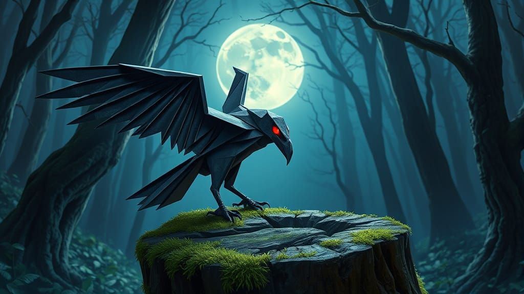 Origami Raven in Mystical Moonlight