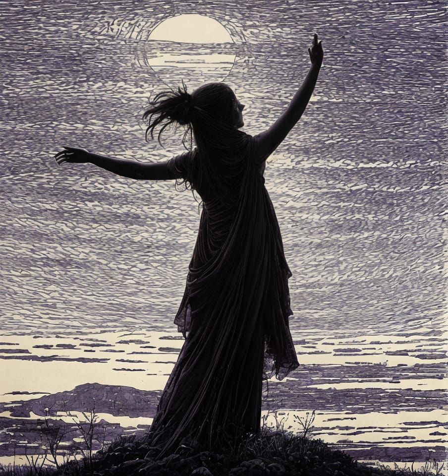 Vibrant Hippie Woman Watching Sunset in Nature