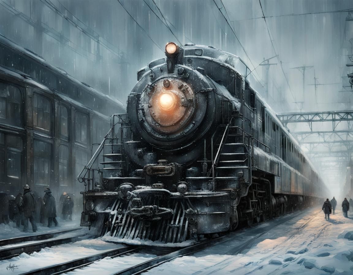 Icy Locomotive at Russian Station in Hyperrealism