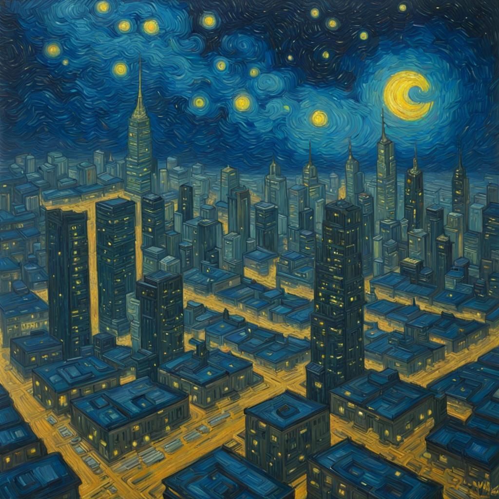 Futuristic Starry Night Cityscape as Impasto Painting