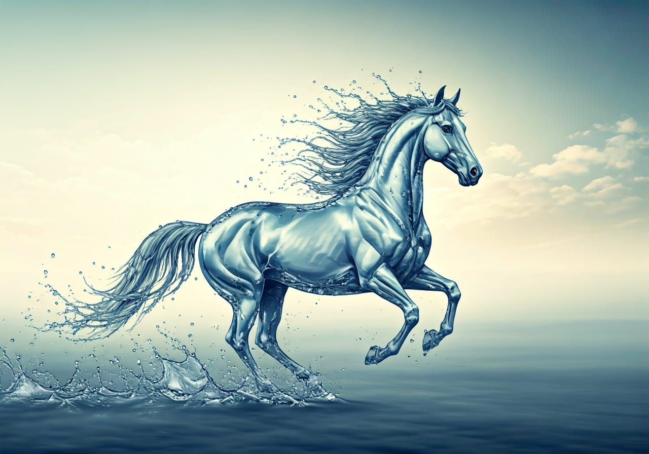 Water Droplet Horse Galloping in Misty Landscape