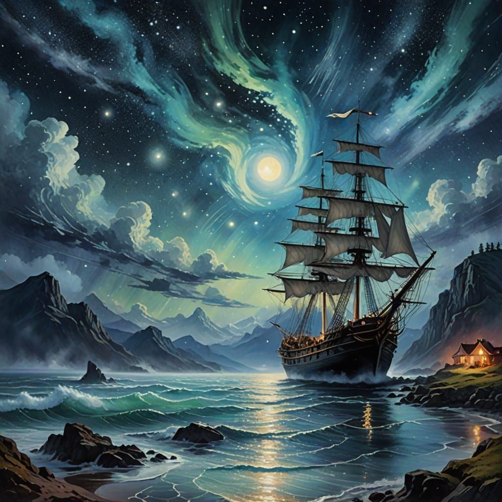 Mystical Sailing Ship Embarks on Celestial Quest
