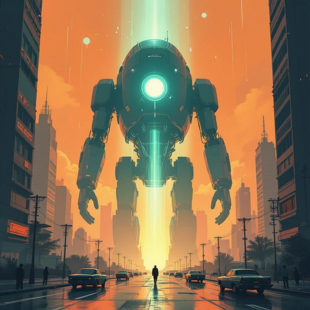 Colossal AI Machine Awakens in 1960s Retrofuturistic City