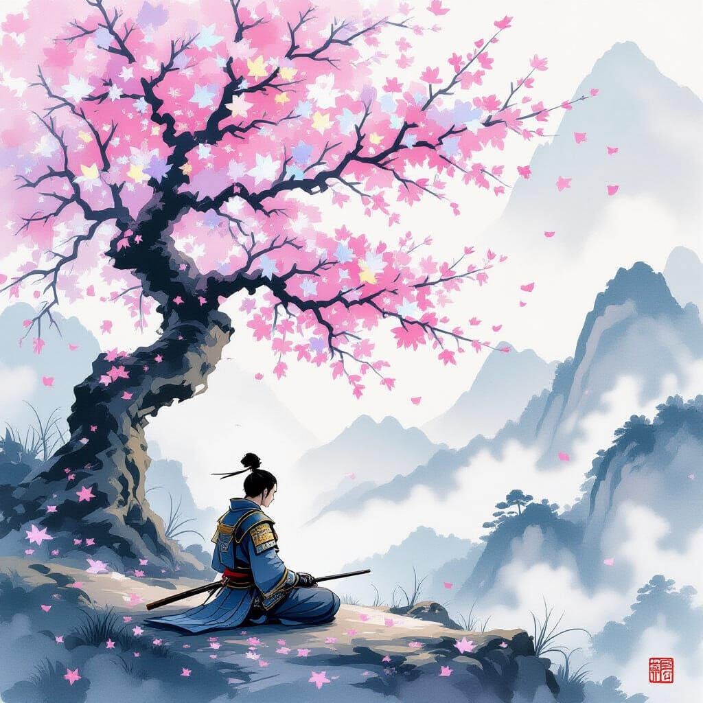 Samurai Meditating Under Crystal Cherry Blossom Tree