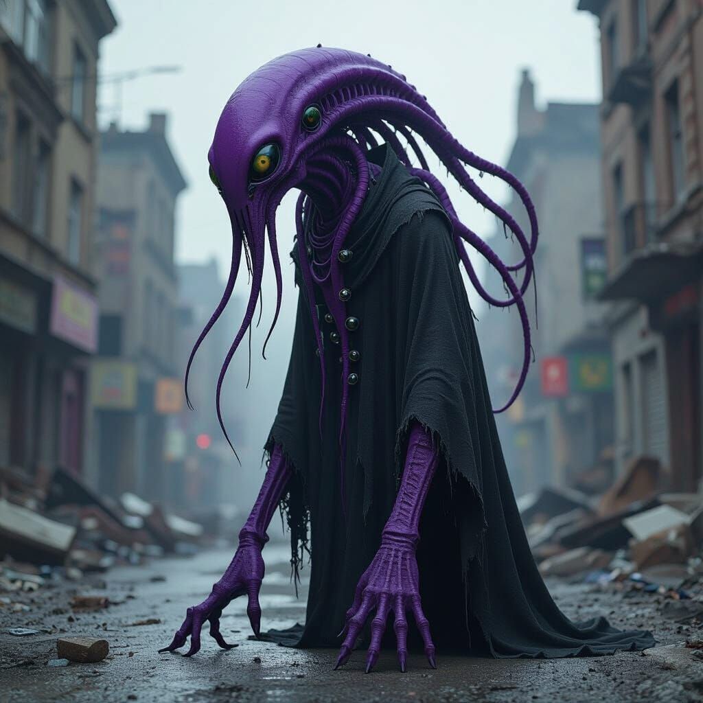 Multiheaded Alien Creature in Ruined City