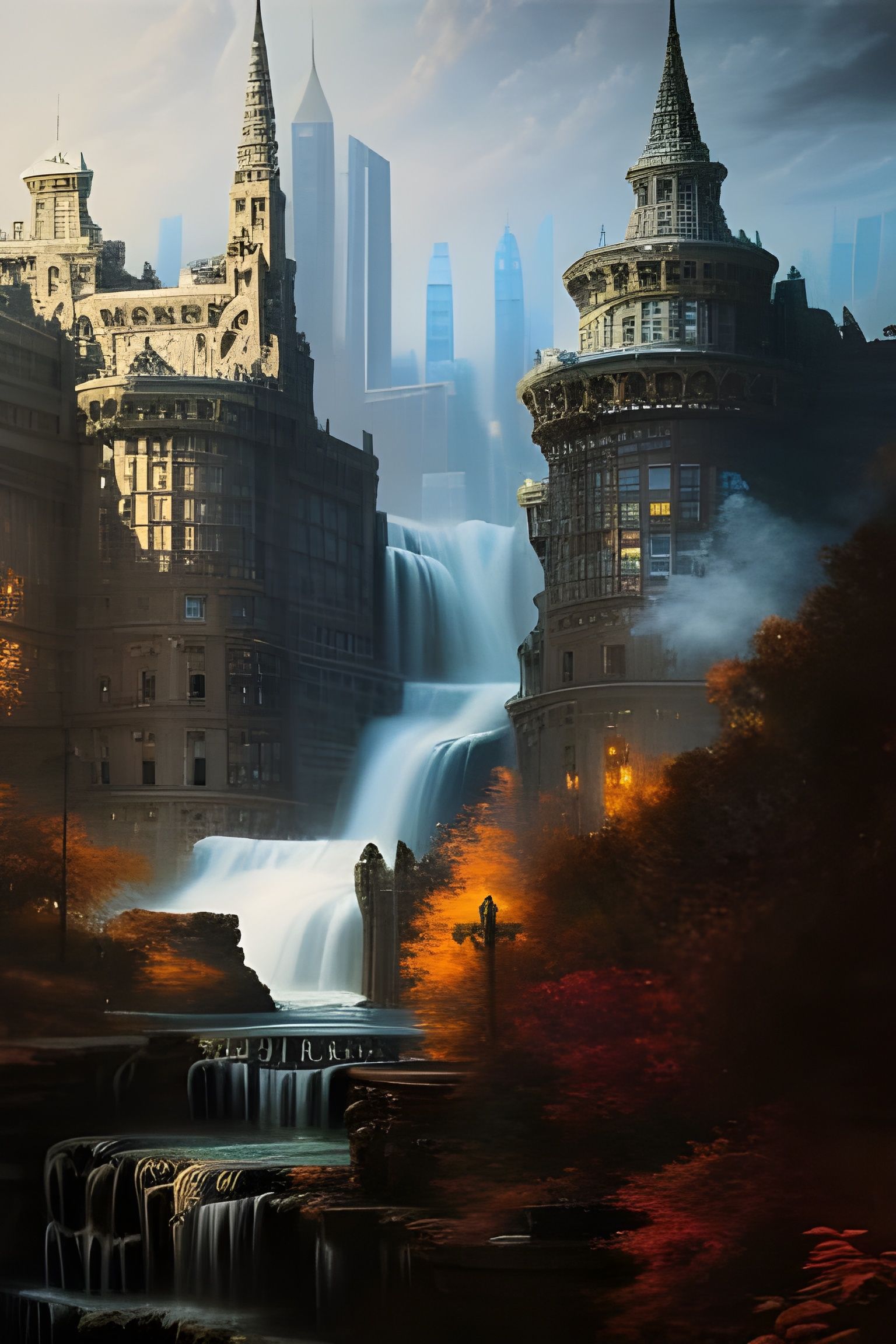 Fantasy New York City with Waterfalls, Oil Painting
