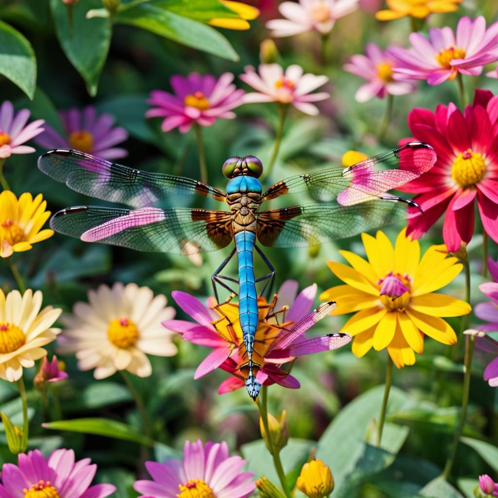 Dragonfly Portrait in a Colorful Flower Garden