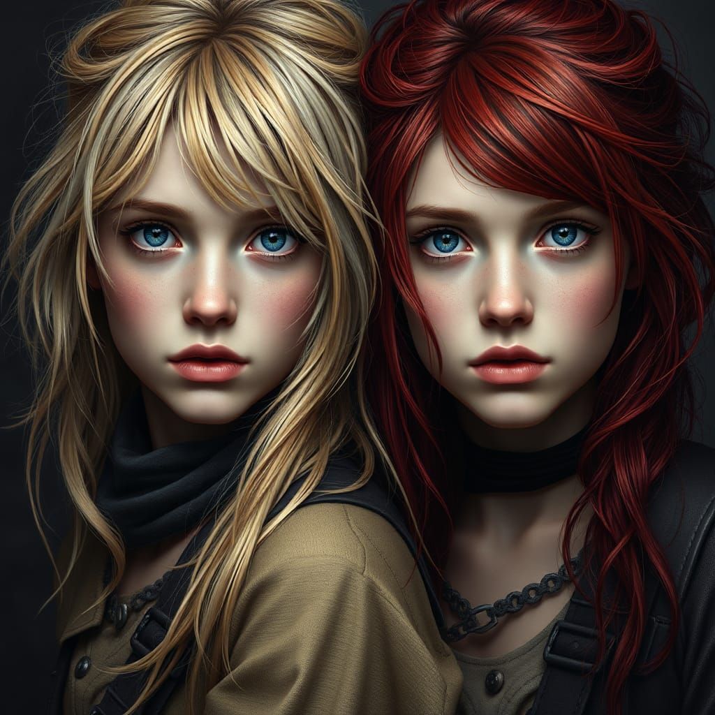 Gothic Twin Adventurers in Hyperrealistic Portrait