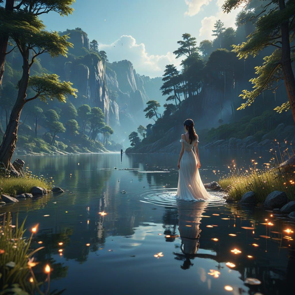 Enchanted Lake Night Scene in Vibrant Anime Style