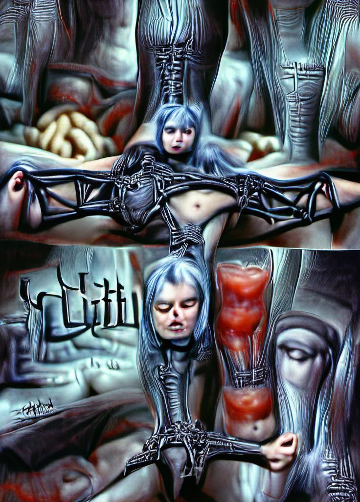 Sexy Lilith is being crucified, she has long bluish grey hai...