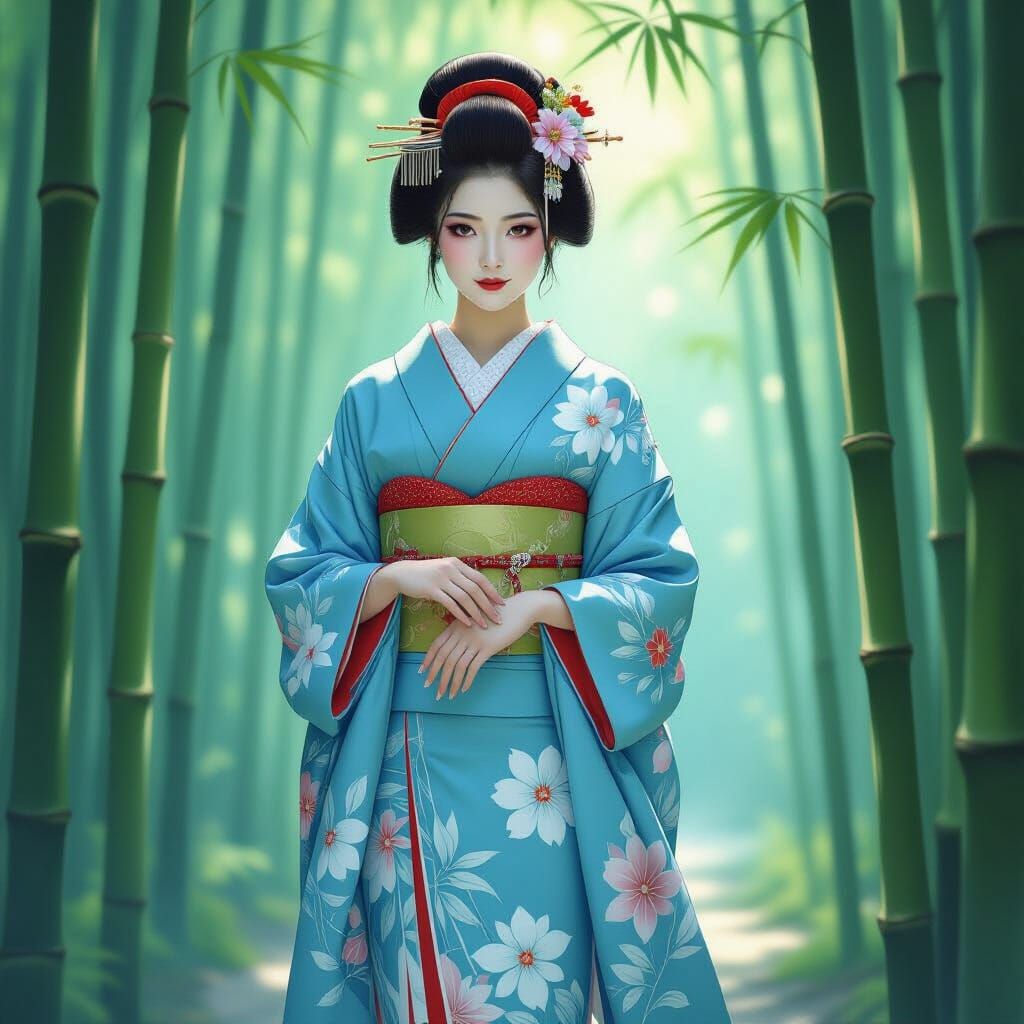 Geisha in Bamboo Forest: Art Nouveau Watercolor