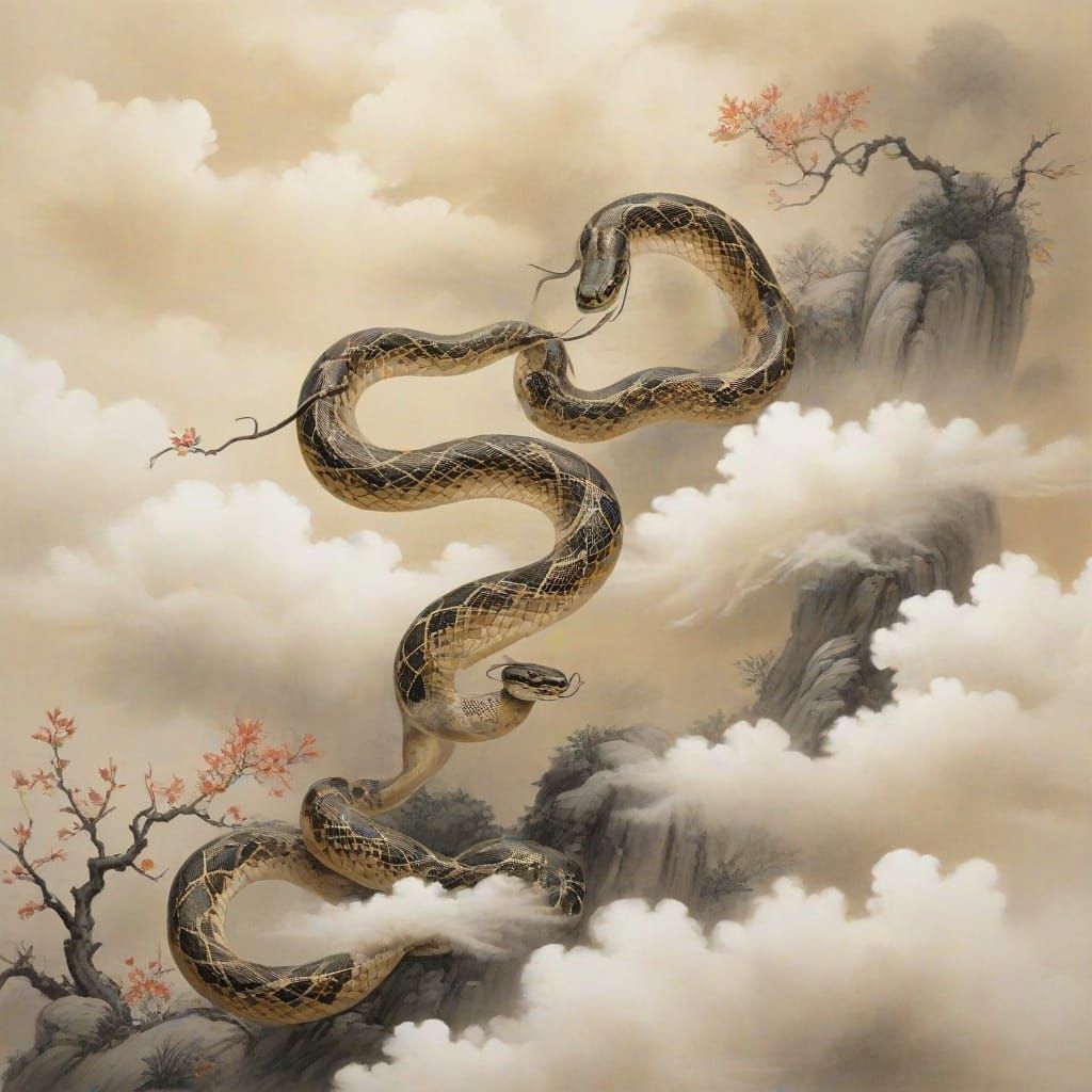 Ethereal Snake in Traditional Chinese Brushwork