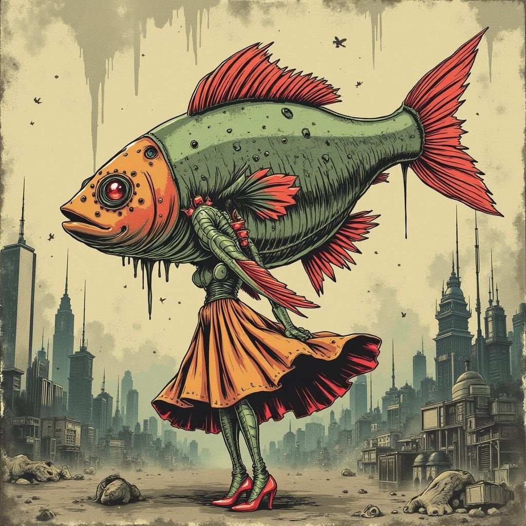 Dystopian Fish in High Heels Dances Amidst City Ruins