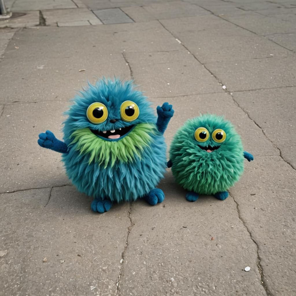 Two Blue Fluffy Creatures Smiling