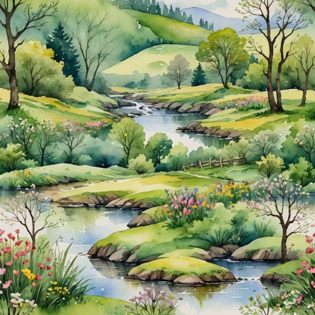 Watercolor Spring Landscape with Wildflowers