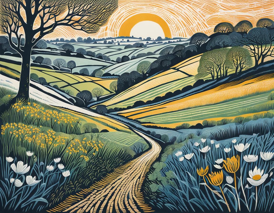 Blooming Gardens in Early Spring, Hand-Coloured Linocut Art