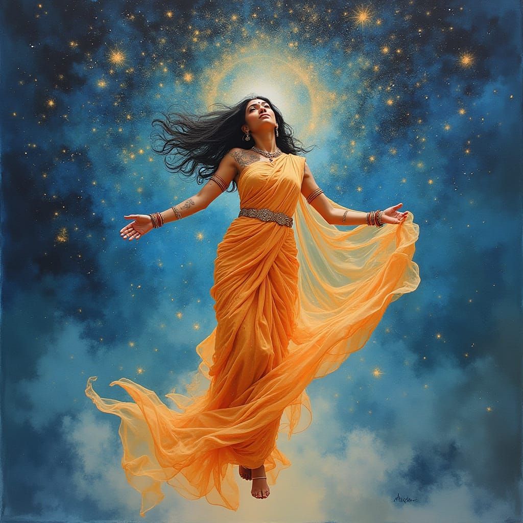 Impressionist Goddess Ascending to Cosmic Heights in Sheer S...