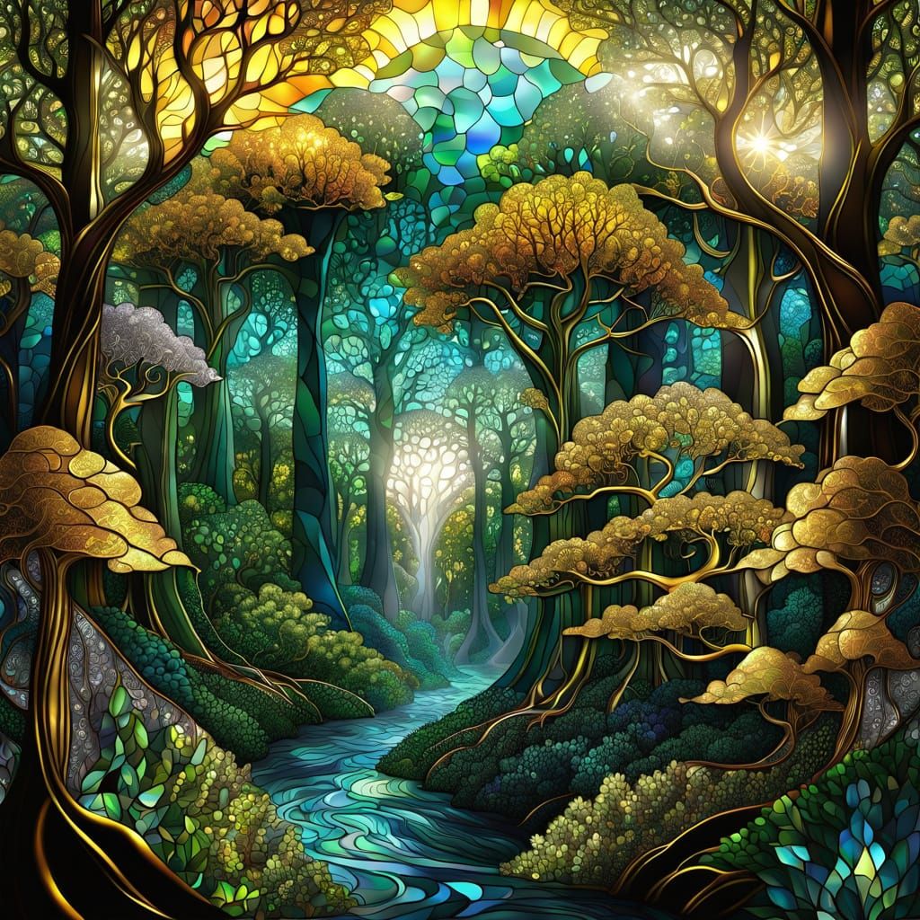 Primeval Forest in Tiffany Stained Glass Style