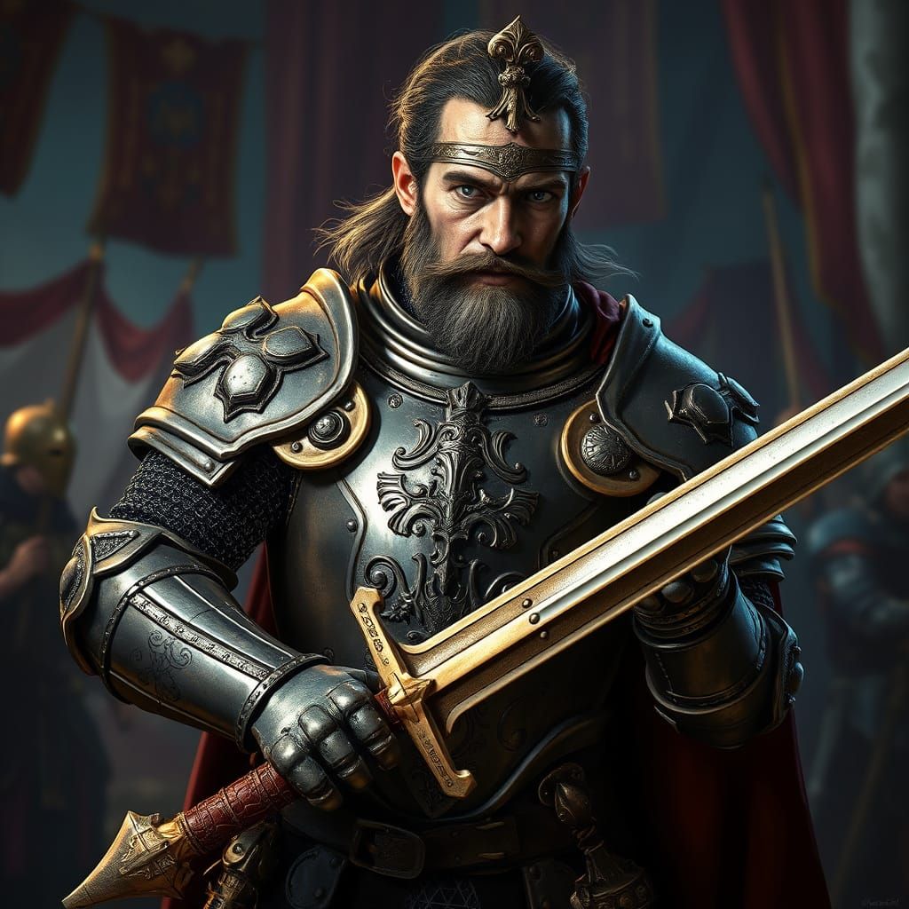 Medieval Knight in Ornate Armor, Holding a Mighty Longsword