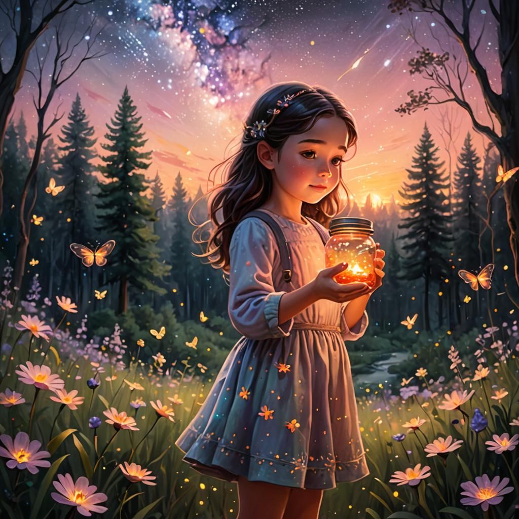 Girl with Fireflies in Disney Style Forest
