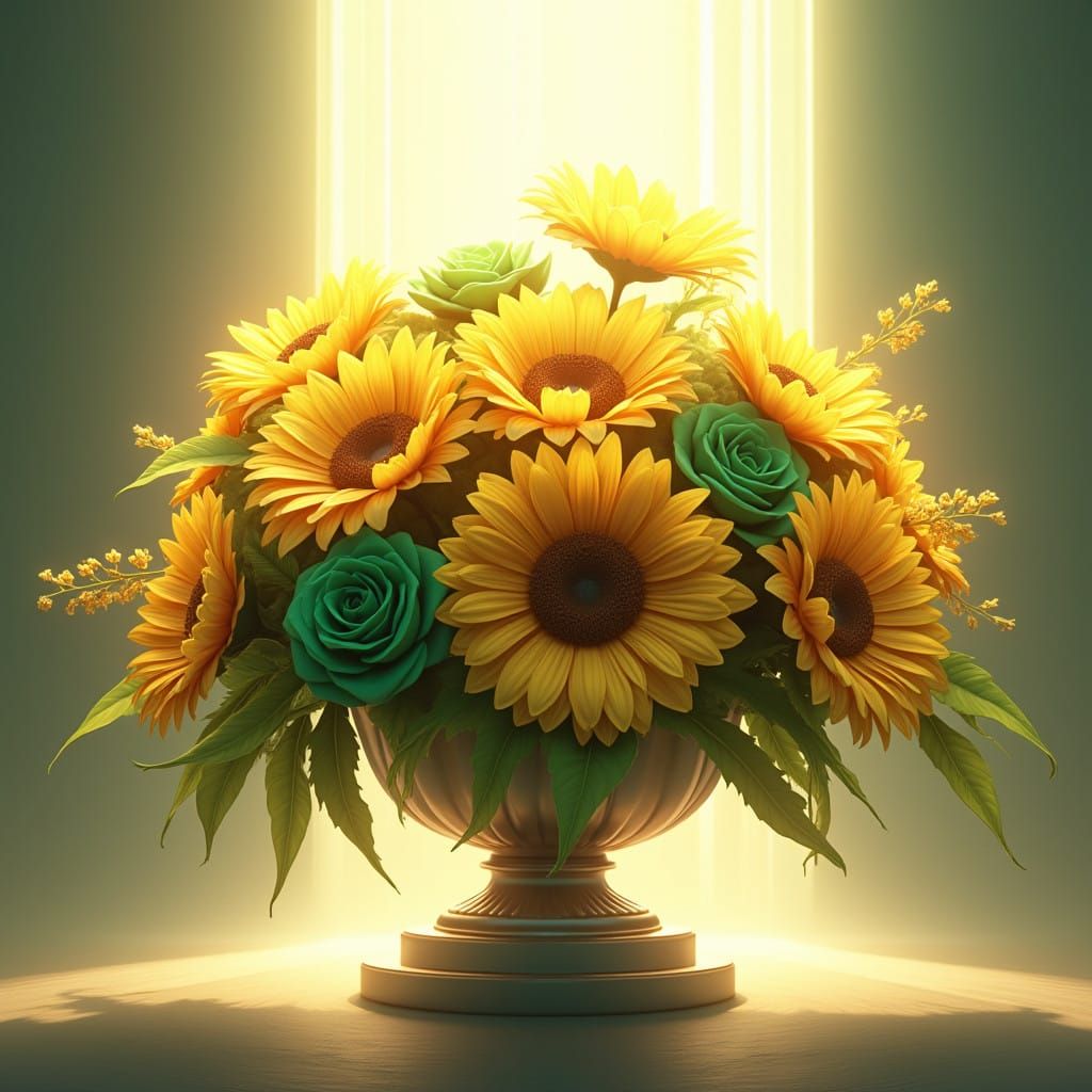 Surreal Sunflower Bouquet in 3D Anime Style with Regal Crown
