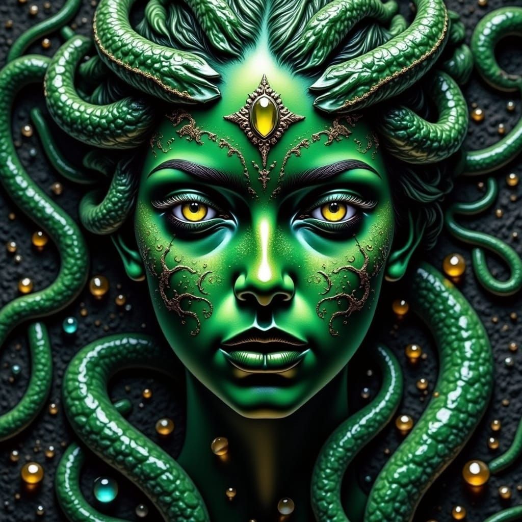 Medusa in Dark Granite with Glittering Gemstone Eyes