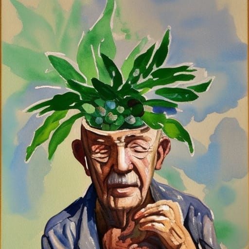 Old Man with Money Plant in Gouache Watercolor
