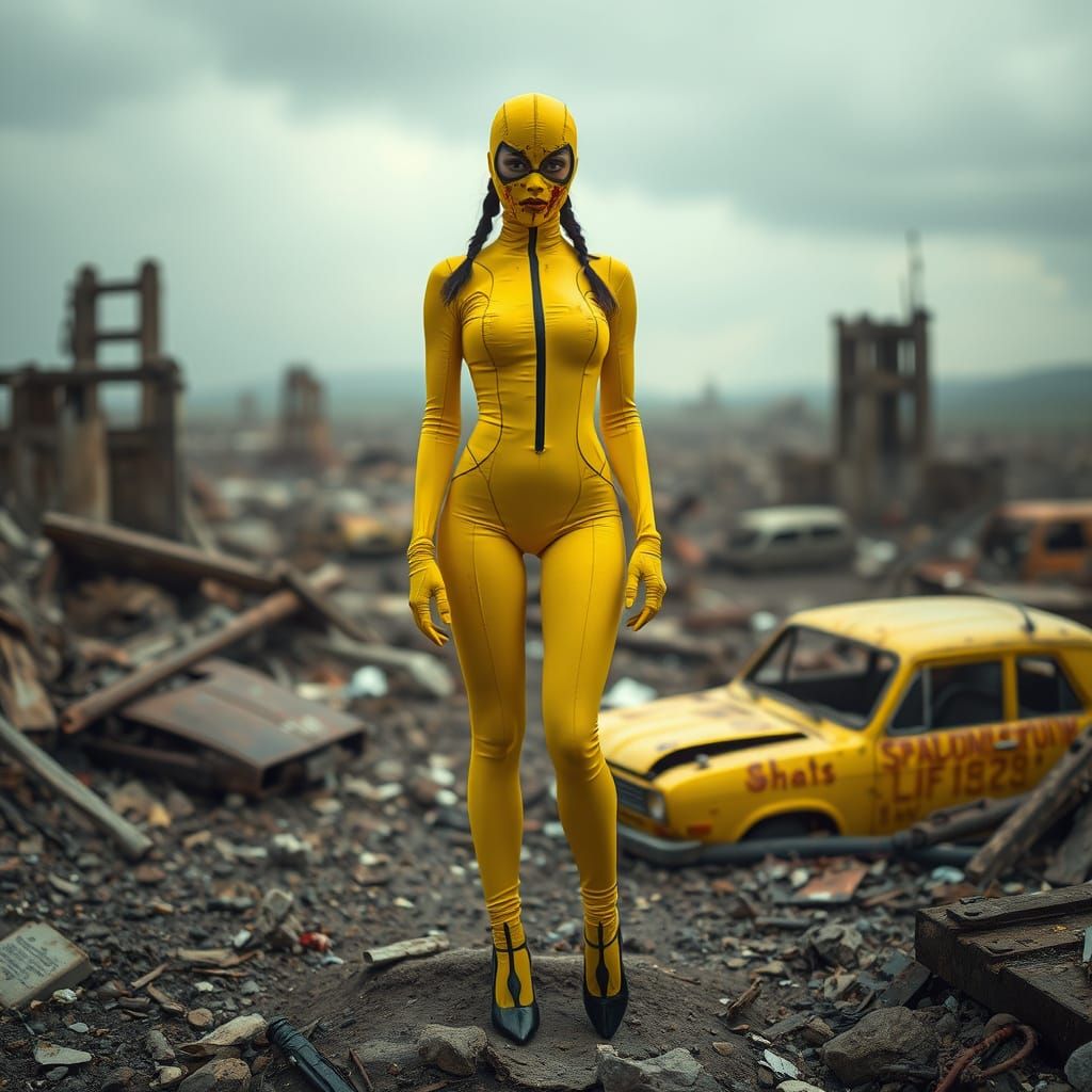 Post-Apocalyptic Cityscape with a Mysterious Figure in Yello...