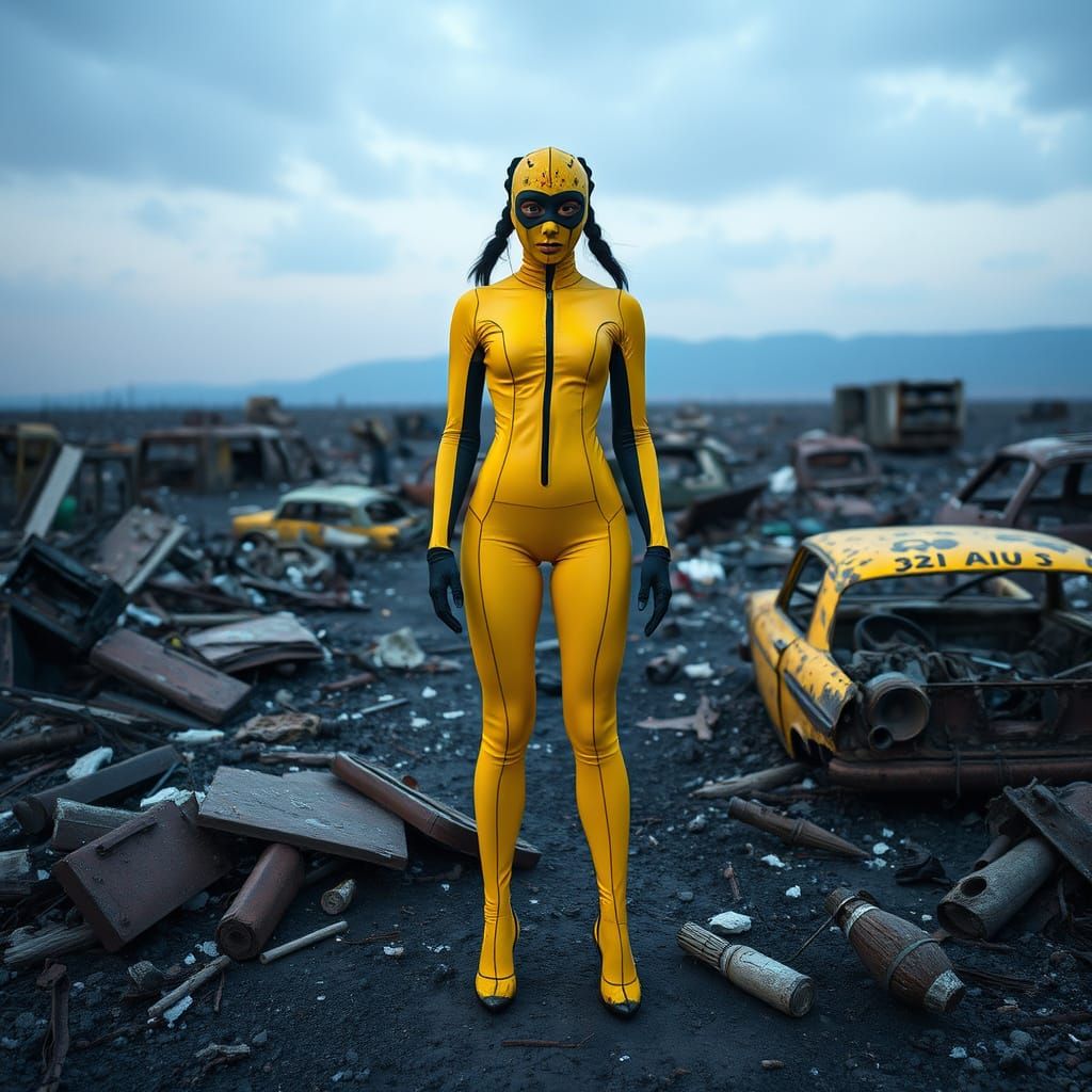 Desolate Cityscape with Mysterious Figure in Yellow Latex