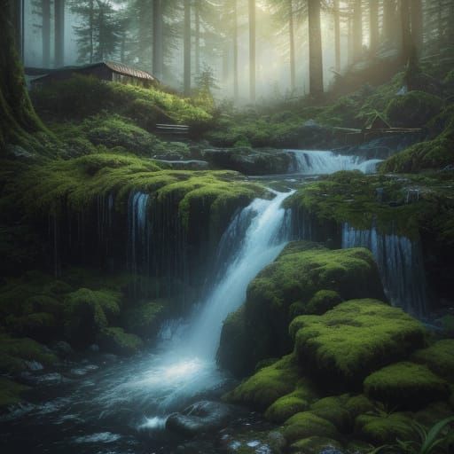 Digital Matte Painting of Waterfall Beside Cozy Cabin