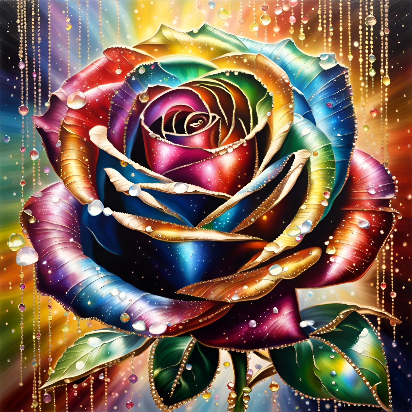 Bejeweled Rainbow Rose in Oil Painting Style